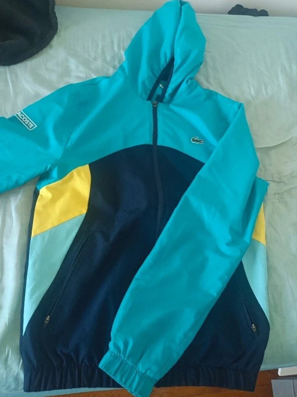 Colorblock Hooded Windbreaker Jacket Turquoise & Navy Size S